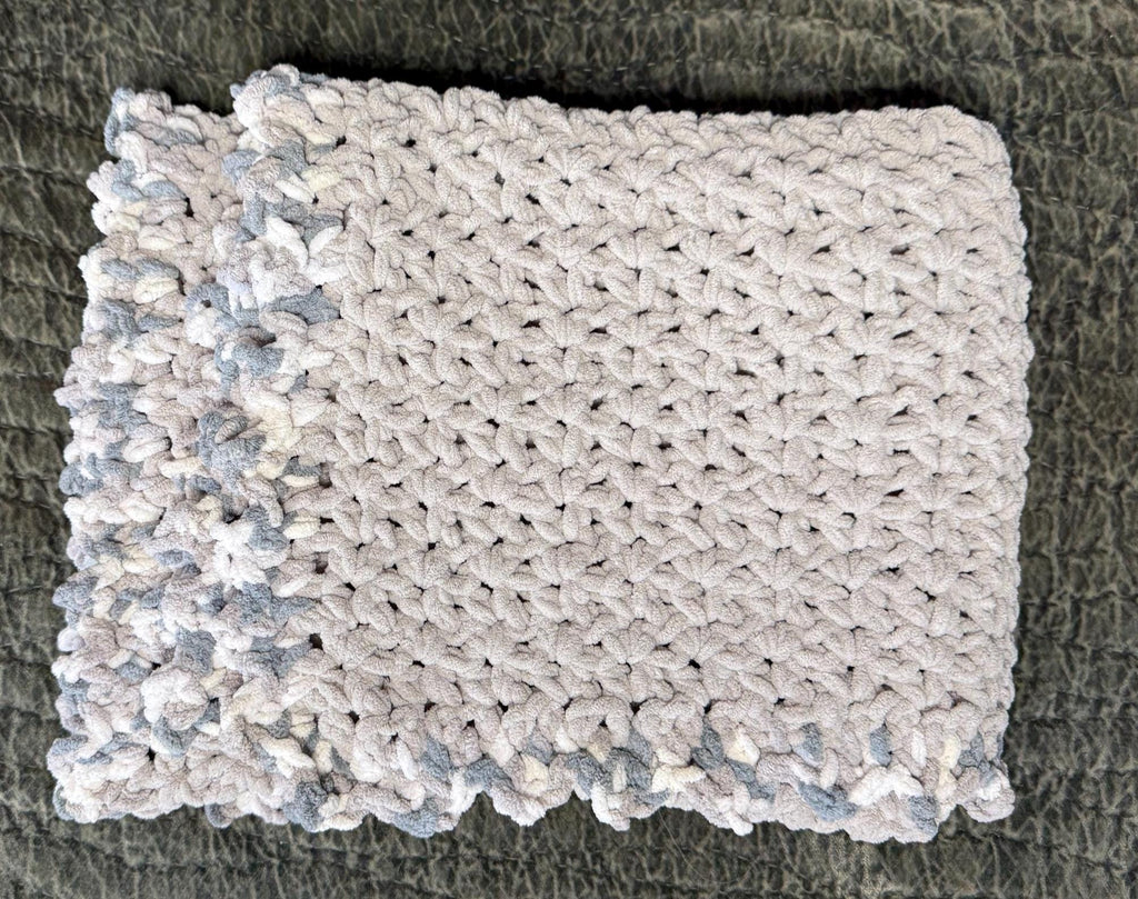 Crocheted Chenille Baby Blanket: Seagull Gray Sawtooth Edge