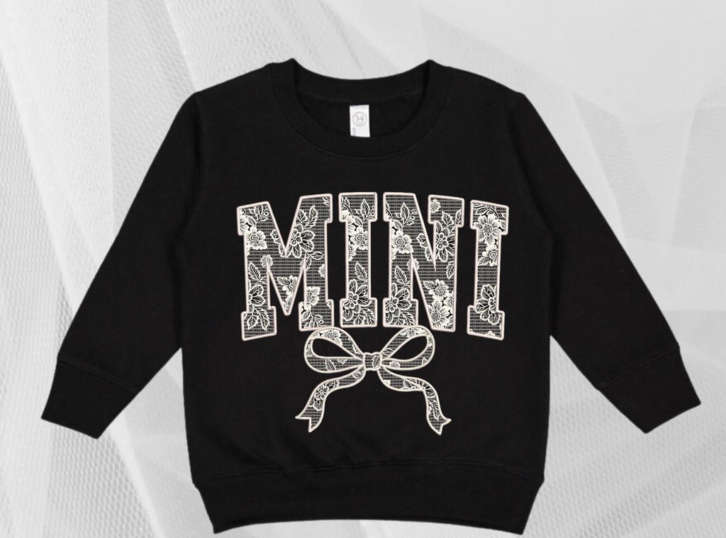 Pretty lace Mama and Mini with bows matching Mother's Day Sweatshirts