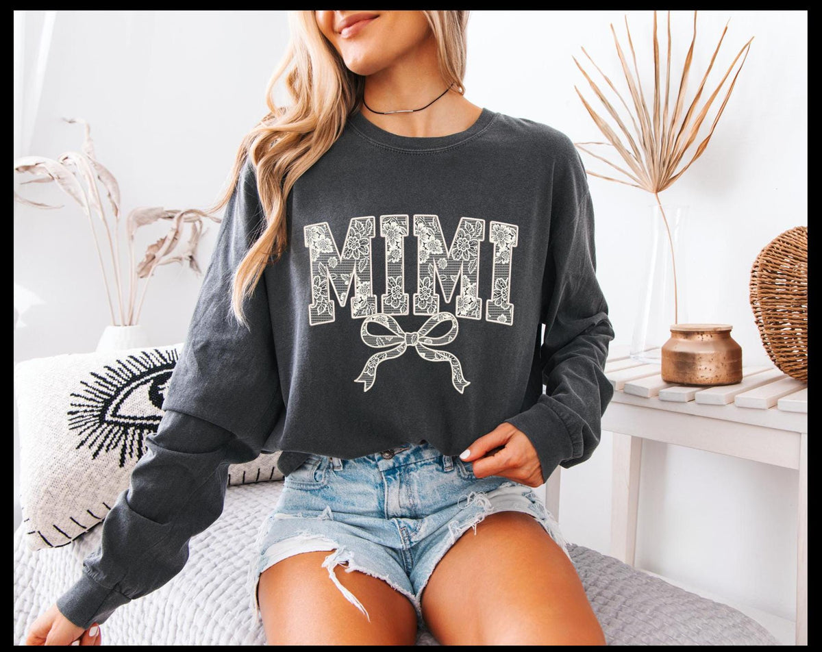 Lace Mimi with bow long sleeved Comfort Colors t-shirt
