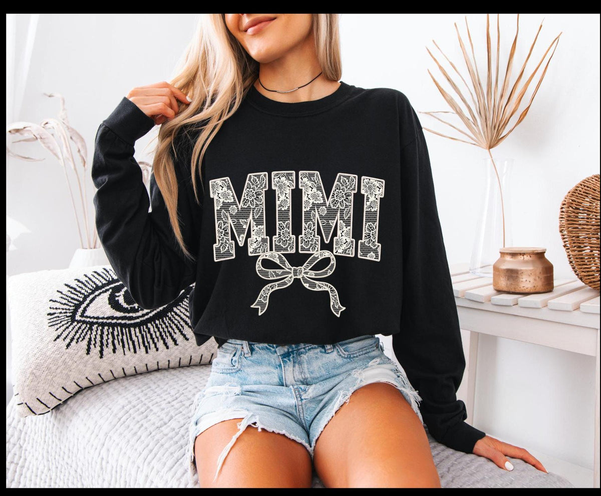 Lace Mimi with bow long sleeved Comfort Colors t-shirt