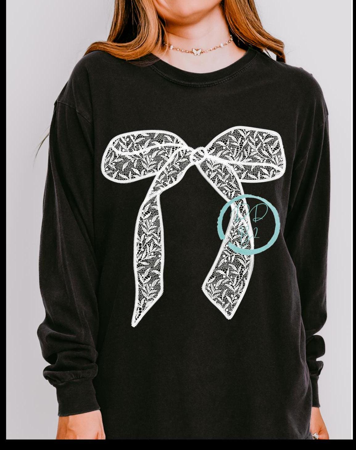 White lace coquette bow long sleeved Comfort Colors t-shirt