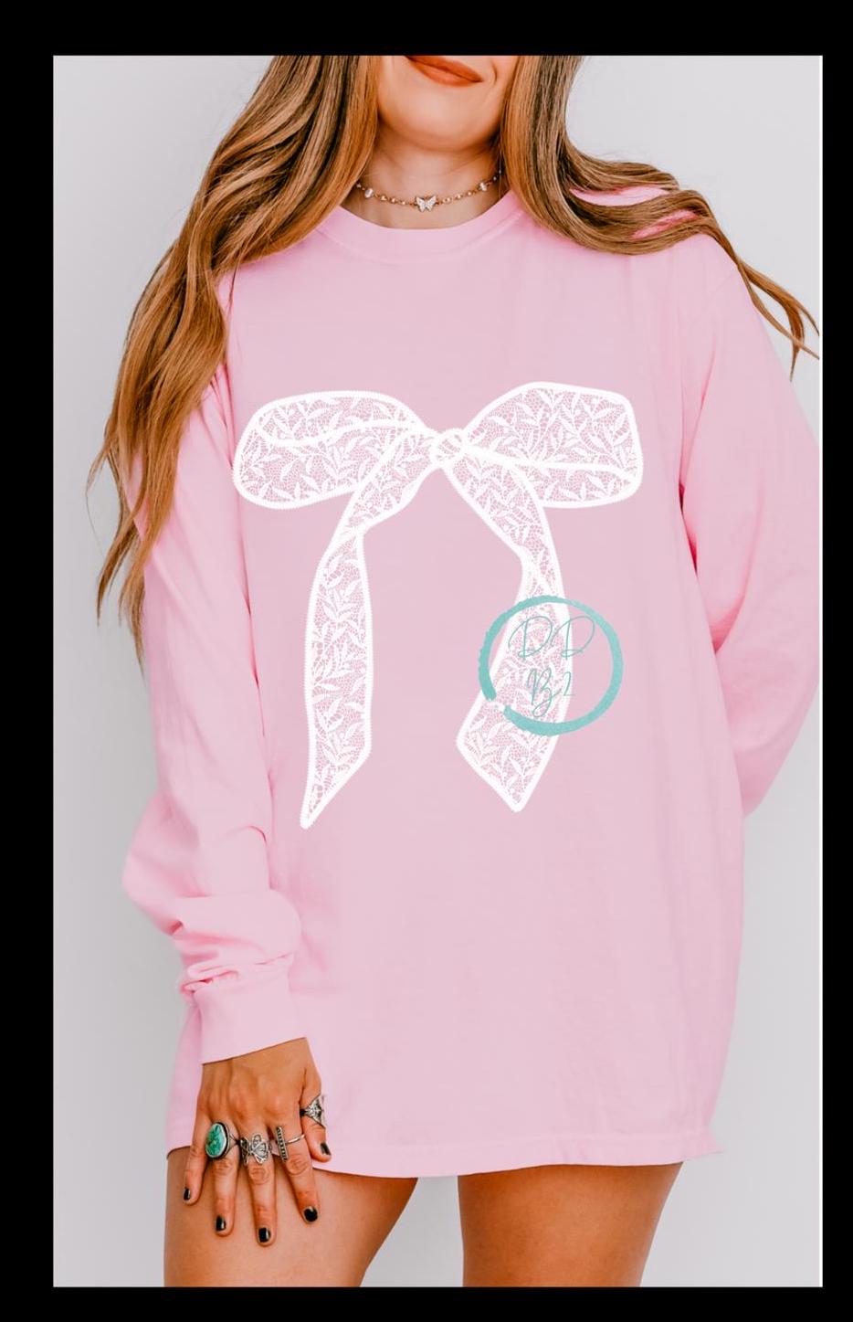 White lace coquette bow long sleeved Comfort Colors t-shirt