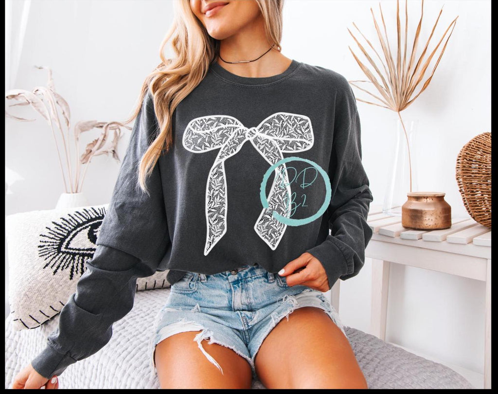 White lace coquette bow long sleeved Comfort Colors t-shirt
