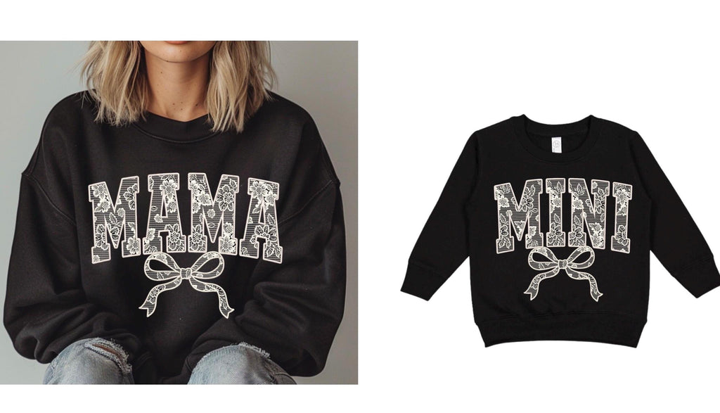 Pretty lace Mama and Mini with bows matching Mother's Day Sweatshirts