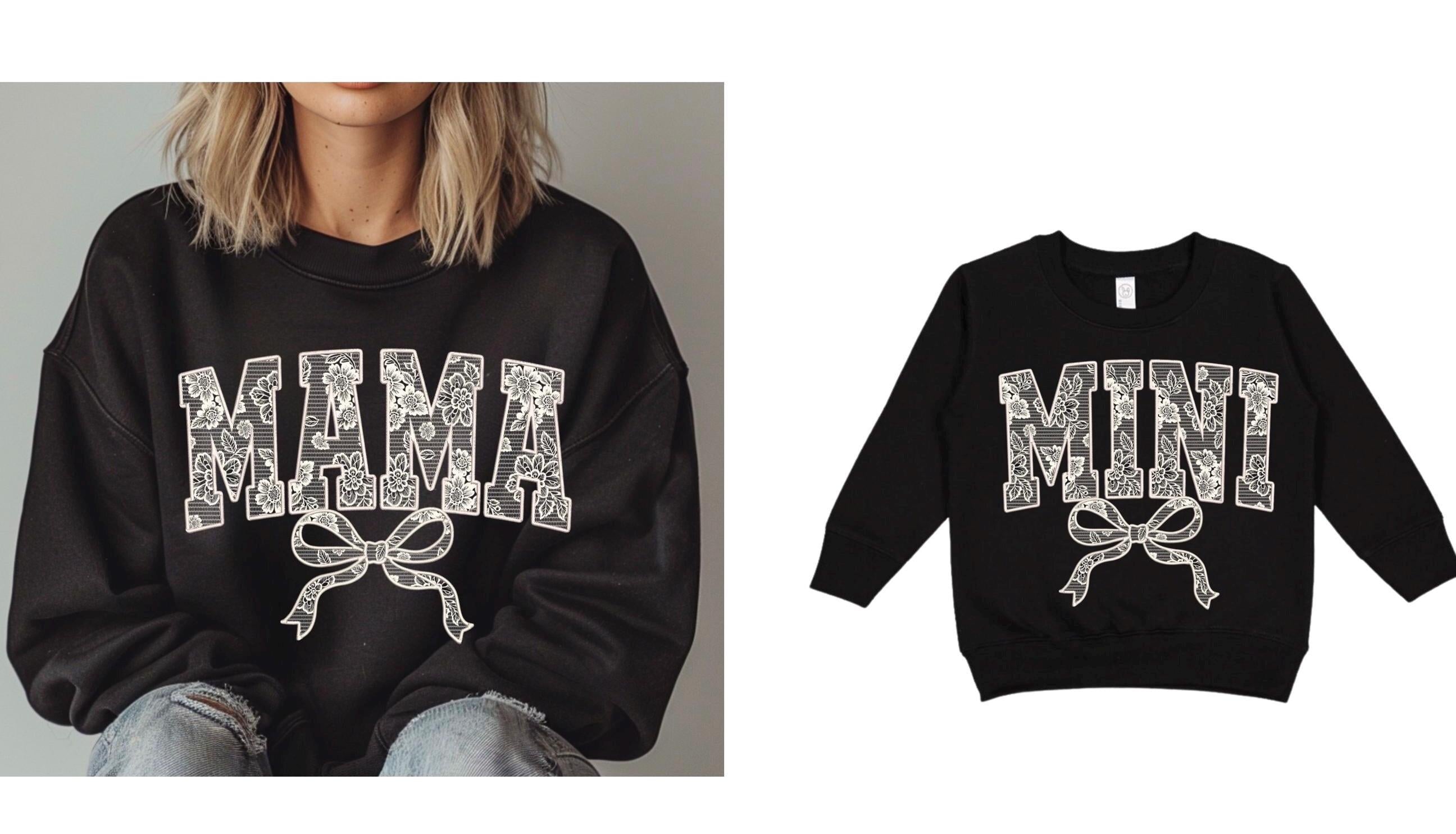 Pretty lace Mama and Mini with bows matching Mother's Day Sweatshirts