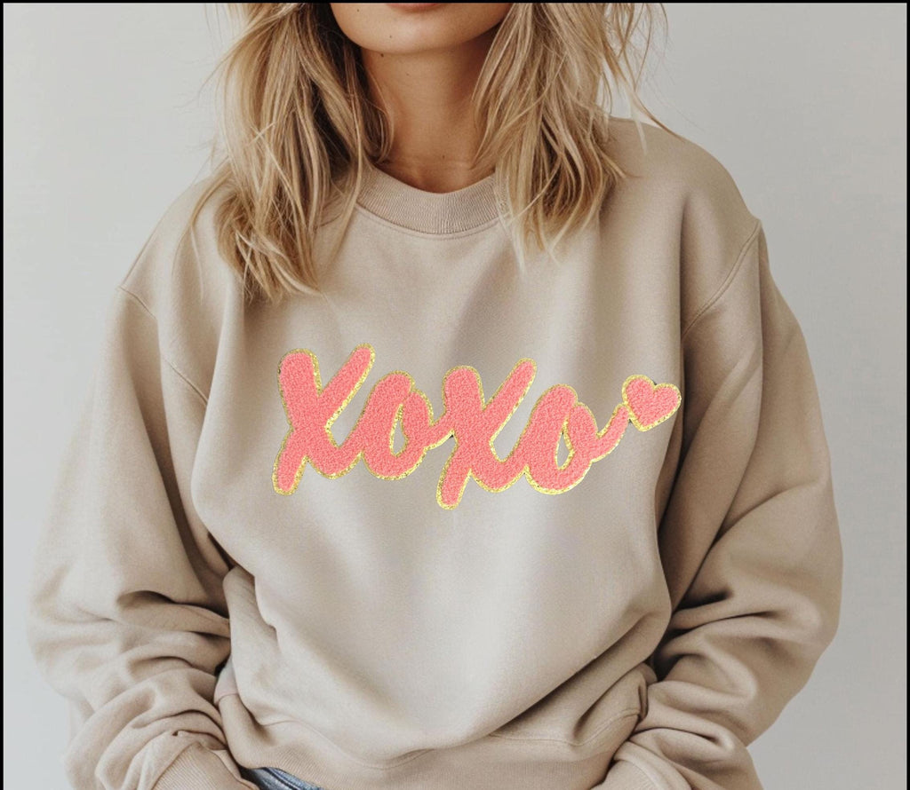 Valentine's Day light pink "xoxo" chenille patch sweatshirt