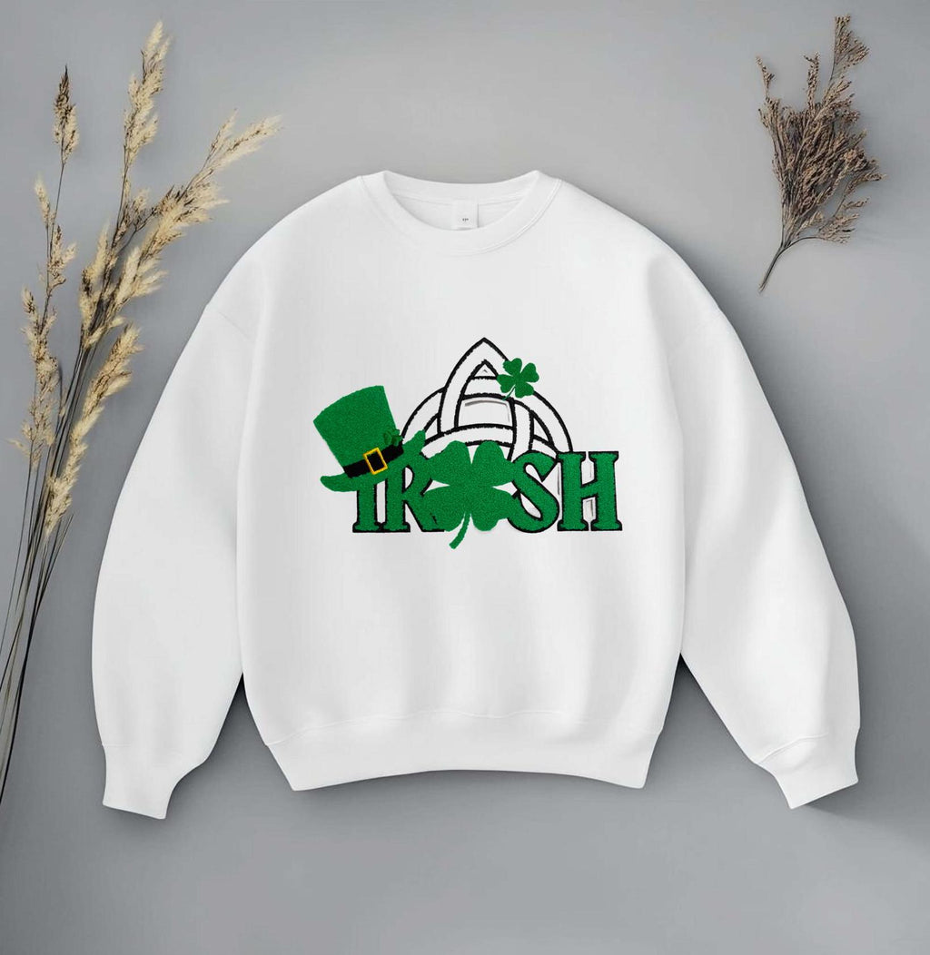 St Patrick's Day Irish Chenille Patch Sweatshirt: Trinity Knot Clover Top