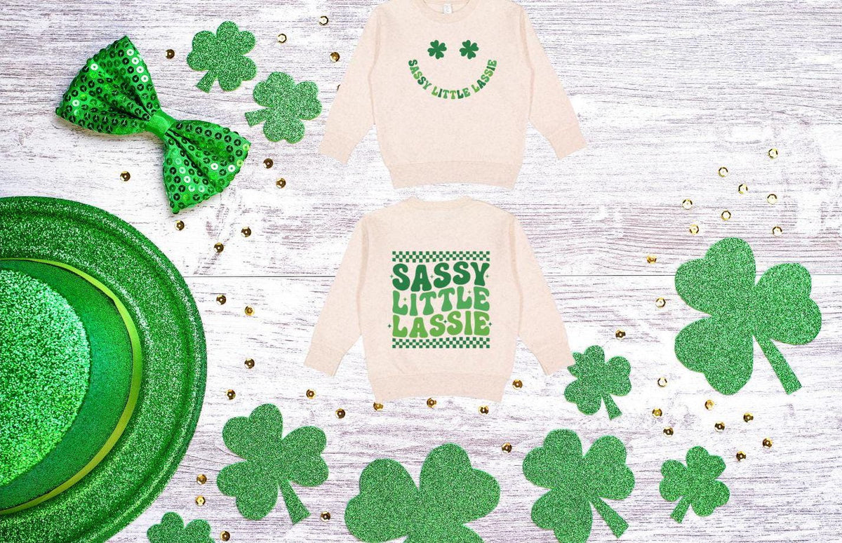 Sassy Little Lassie St Patricks Day toddler sweatshirt with front and back design