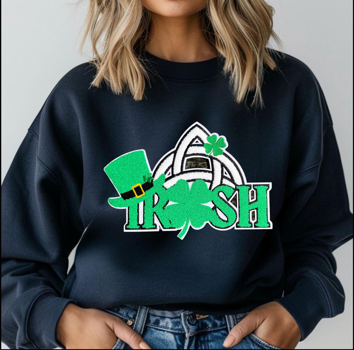 St Patrick's Day Irish Chenille Patch Sweatshirt: Trinity Knot Clover Top