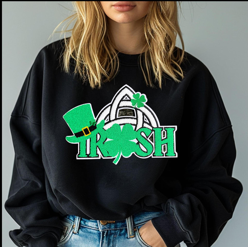St Patrick's Day Irish Chenille Patch Sweatshirt: Trinity Knot Clover Top