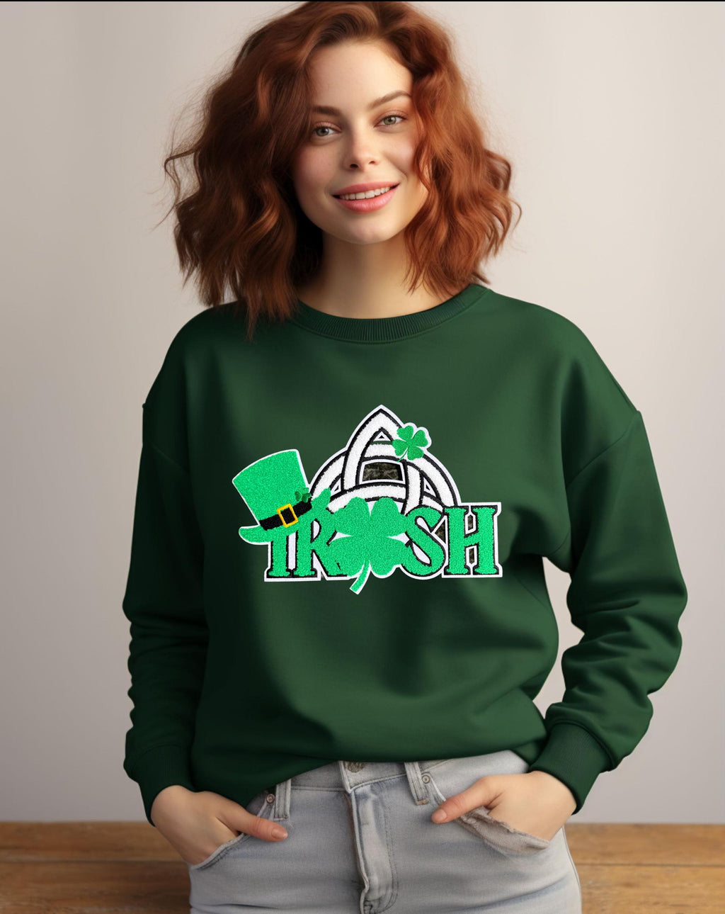 St Patrick's Day Irish Chenille Patch Sweatshirt: Trinity Knot Clover Top