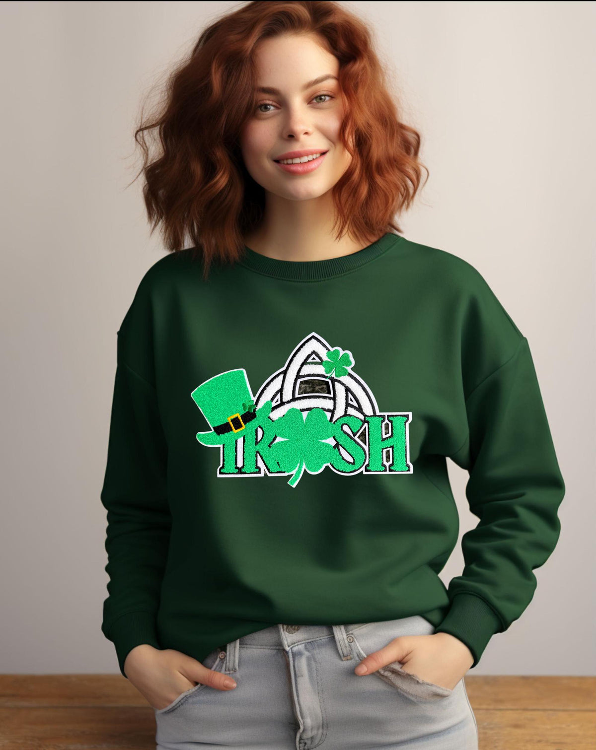 St Patrick's Day Irish Chenille Patch Sweatshirt: Trinity Knot Clover Top