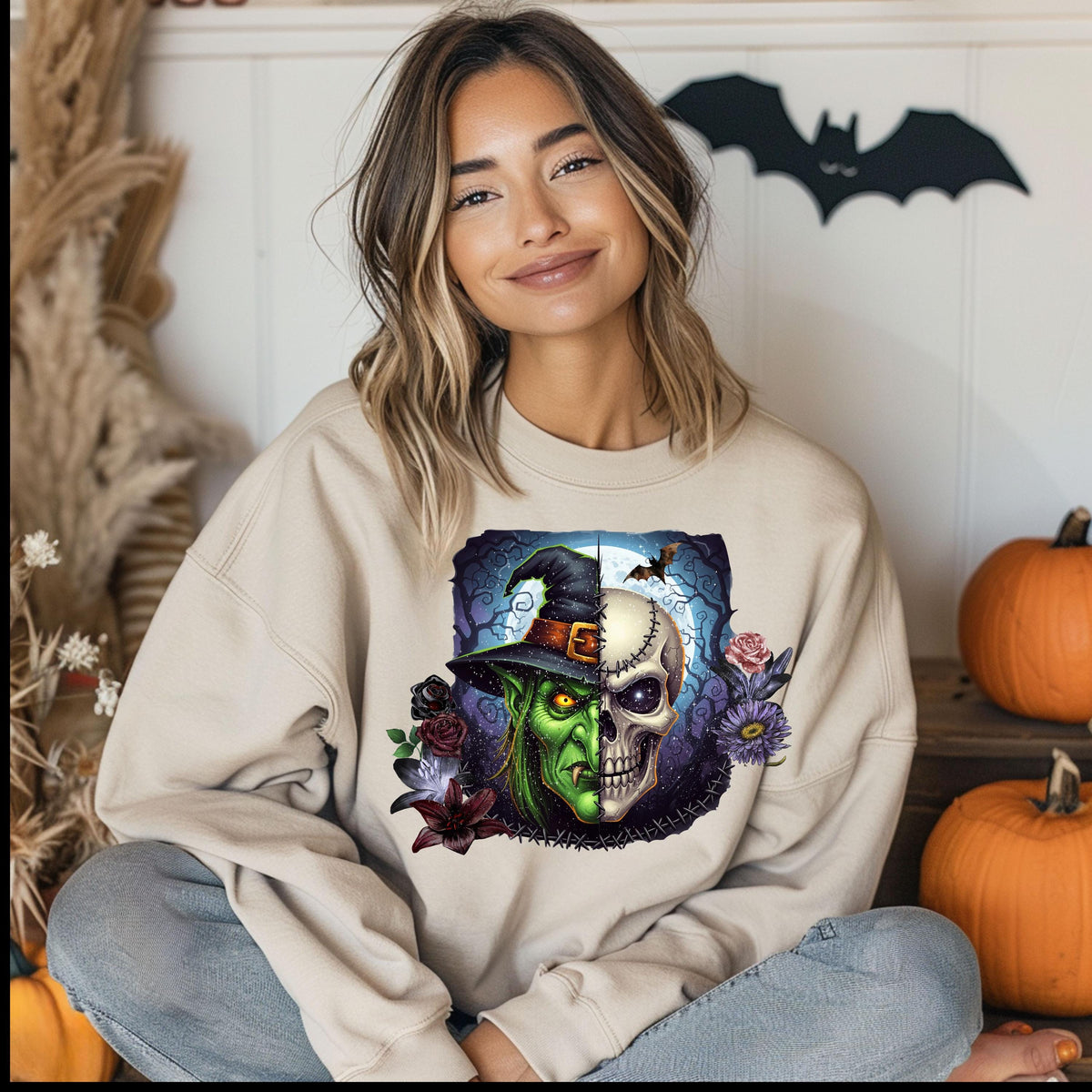 Witch Halloween Shirt – Spooky Floral Skeleton Long Sleeve, Boho Halloween Tee Women