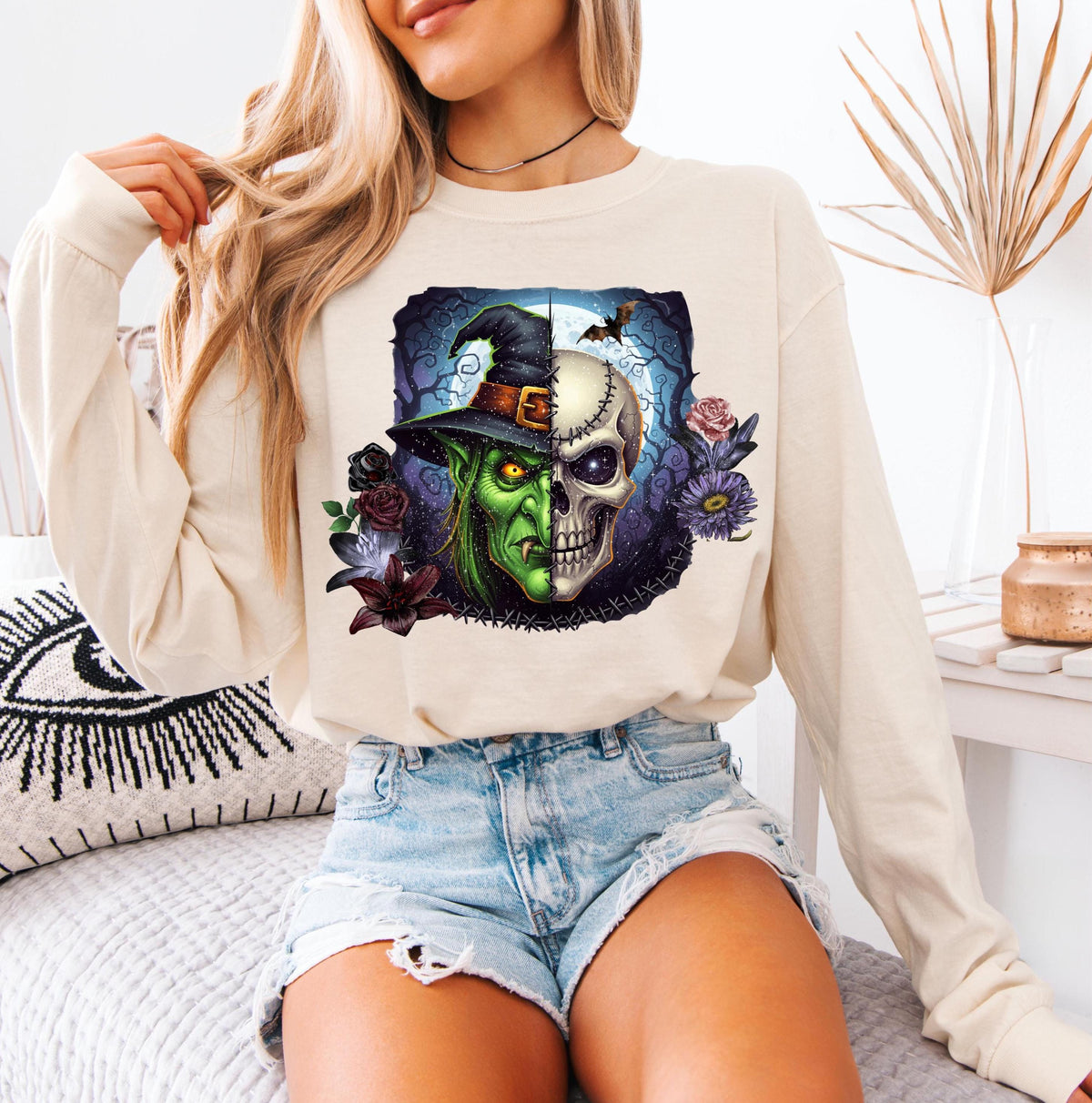 Witch Halloween Shirt – Spooky Floral Skeleton Long Sleeve, Boho Halloween Tee Women