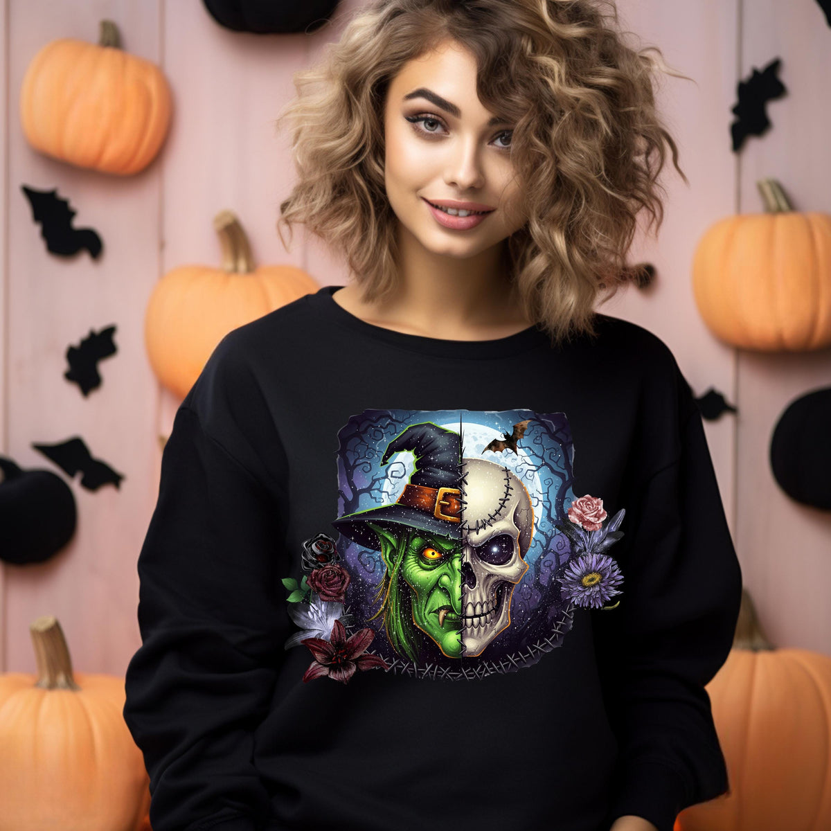 Witch Halloween Shirt – Spooky Floral Skeleton Long Sleeve, Boho Halloween Tee Women