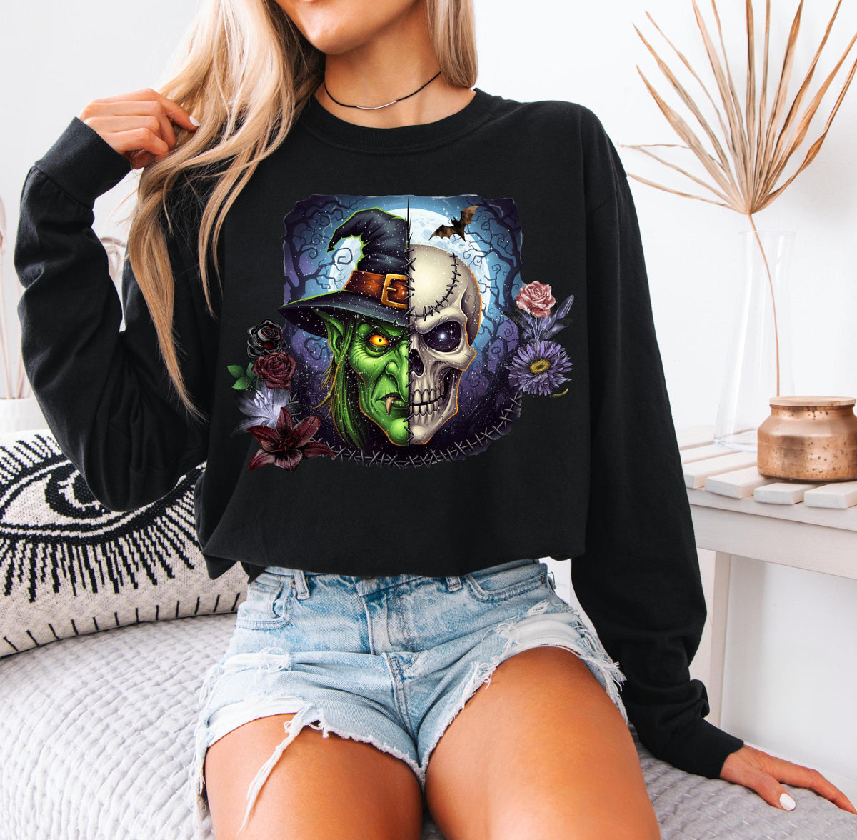 Witch Halloween Shirt – Spooky Floral Skeleton Long Sleeve, Boho Halloween Tee Women
