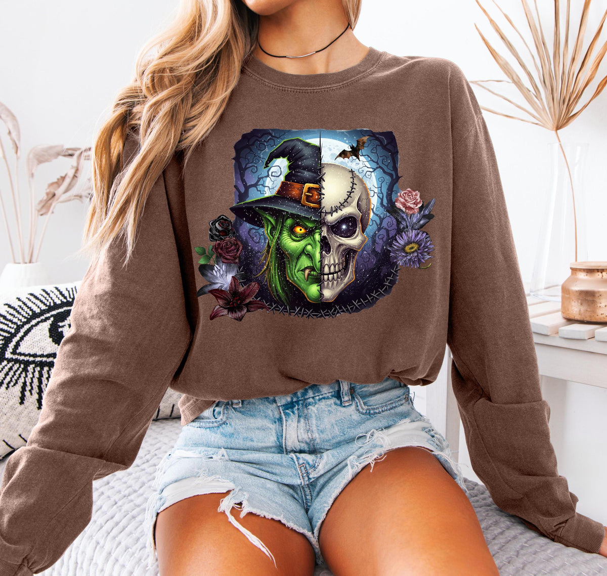 Witch Halloween Shirt – Spooky Floral Skeleton Long Sleeve, Boho Halloween Tee Women