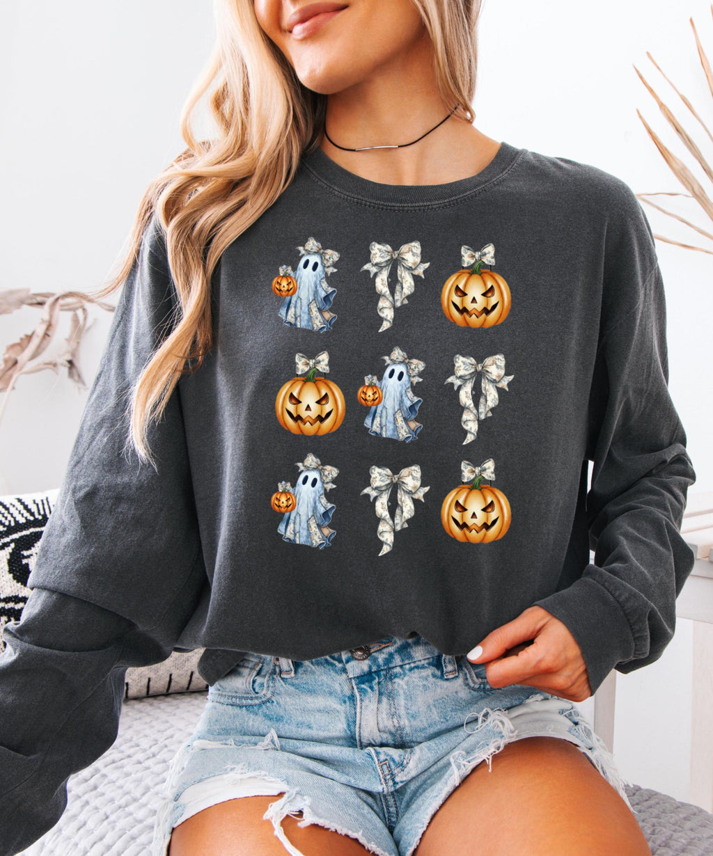 Ghost and Pumpkin Bow Shirt, Coquette Halloween Comfort Colors Tee