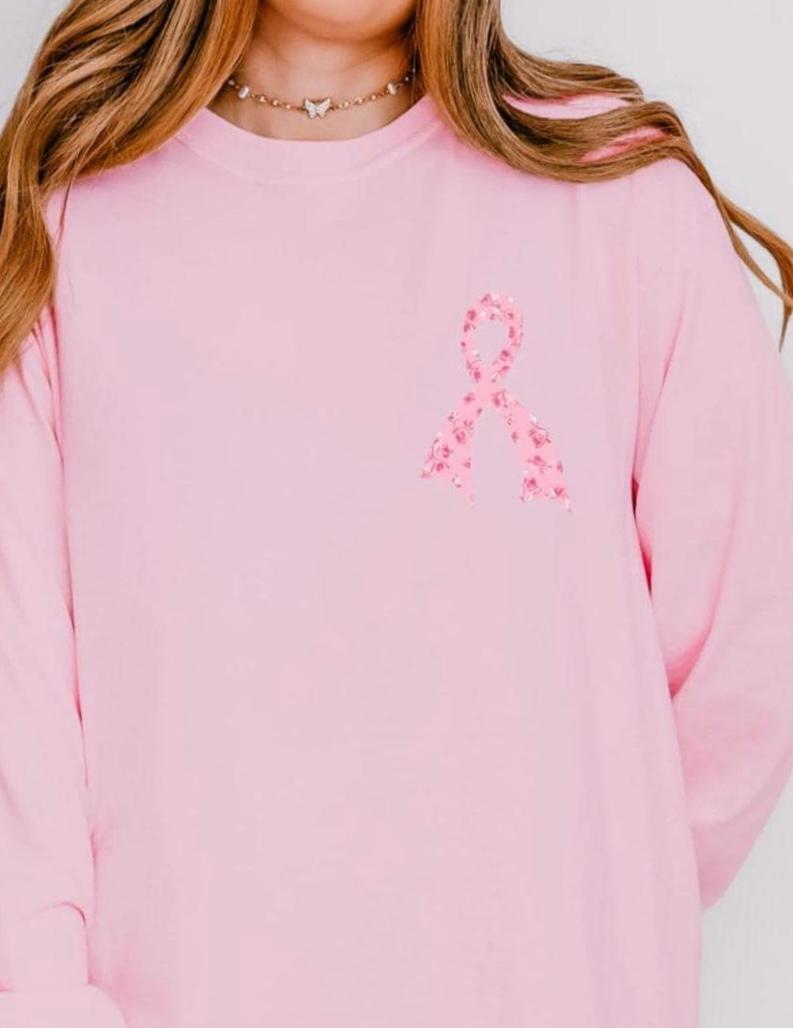 Breast Cancer Awareness Comfort Colors Long Sleeve T-shirt: Retro Pink Ribbon