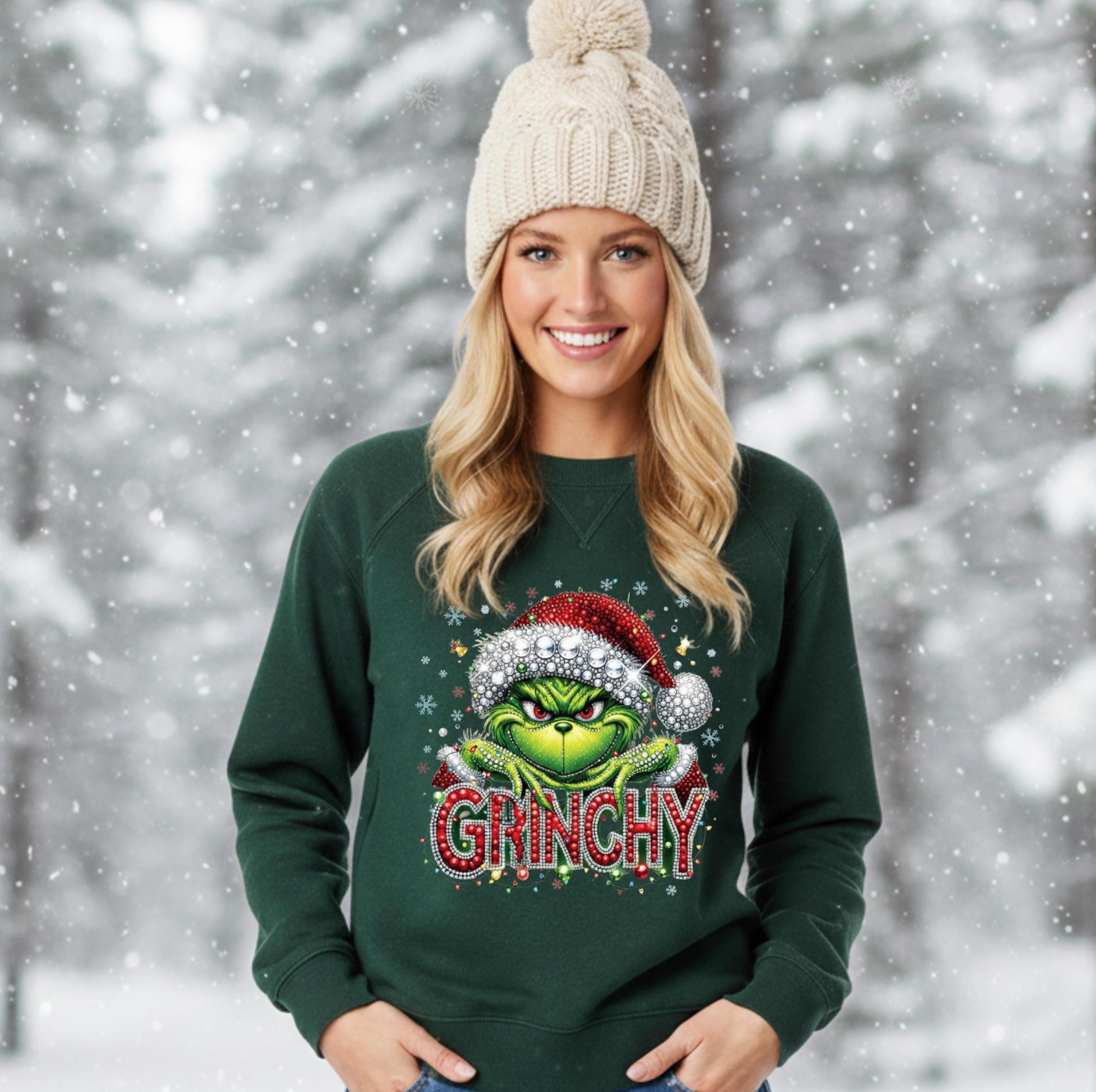 Mean green guy   faux rhinestone print crewneck sweatshirt