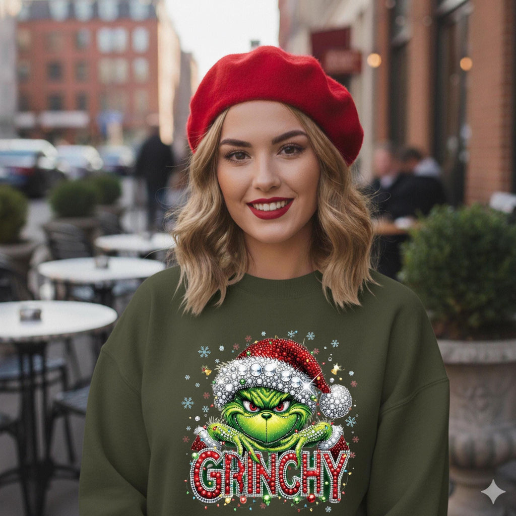 Mean green guy   faux rhinestone print crewneck sweatshirt