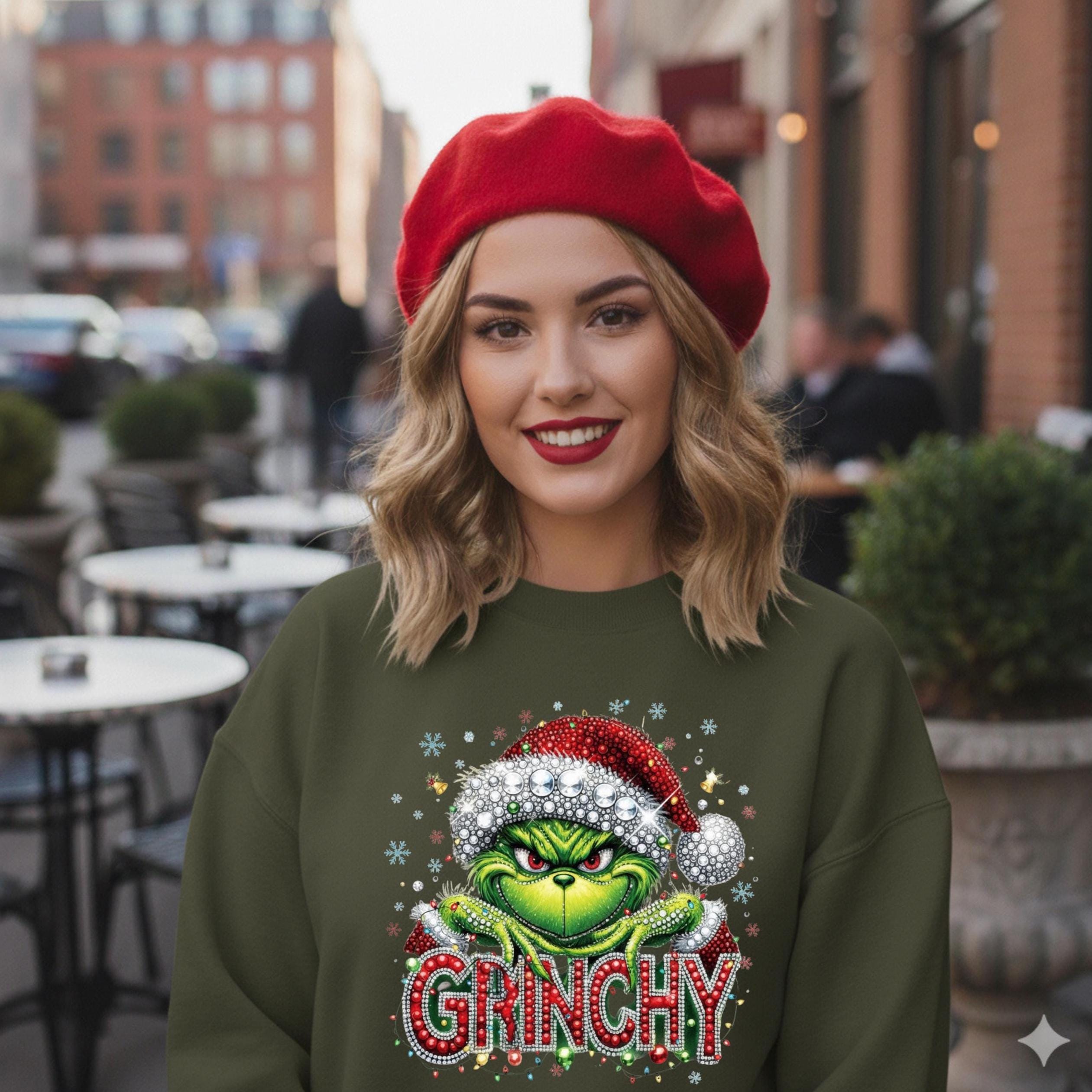 Mean green guy   faux rhinestone print crewneck sweatshirt