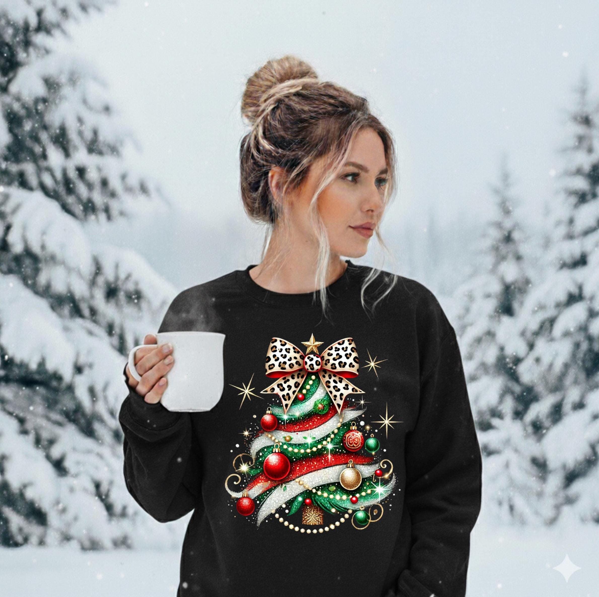 Christmas Tree Sweatshirt, Leopard Bow & Glitter  Holiday Crewneck