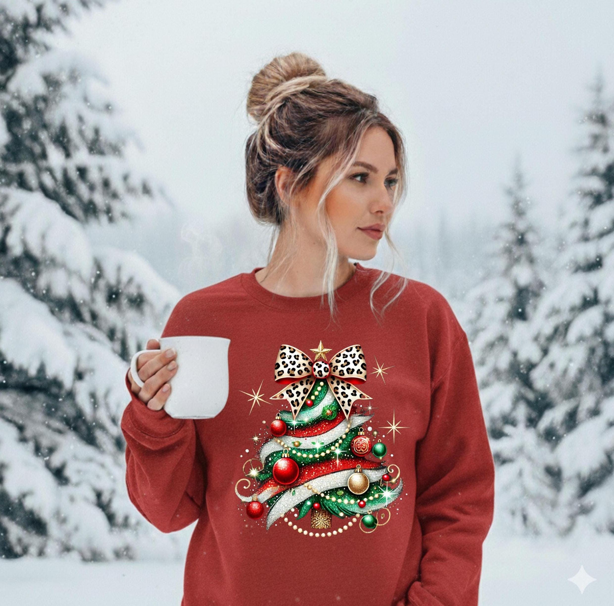 Christmas Tree Sweatshirt, Leopard Bow & Glitter  Holiday Crewneck