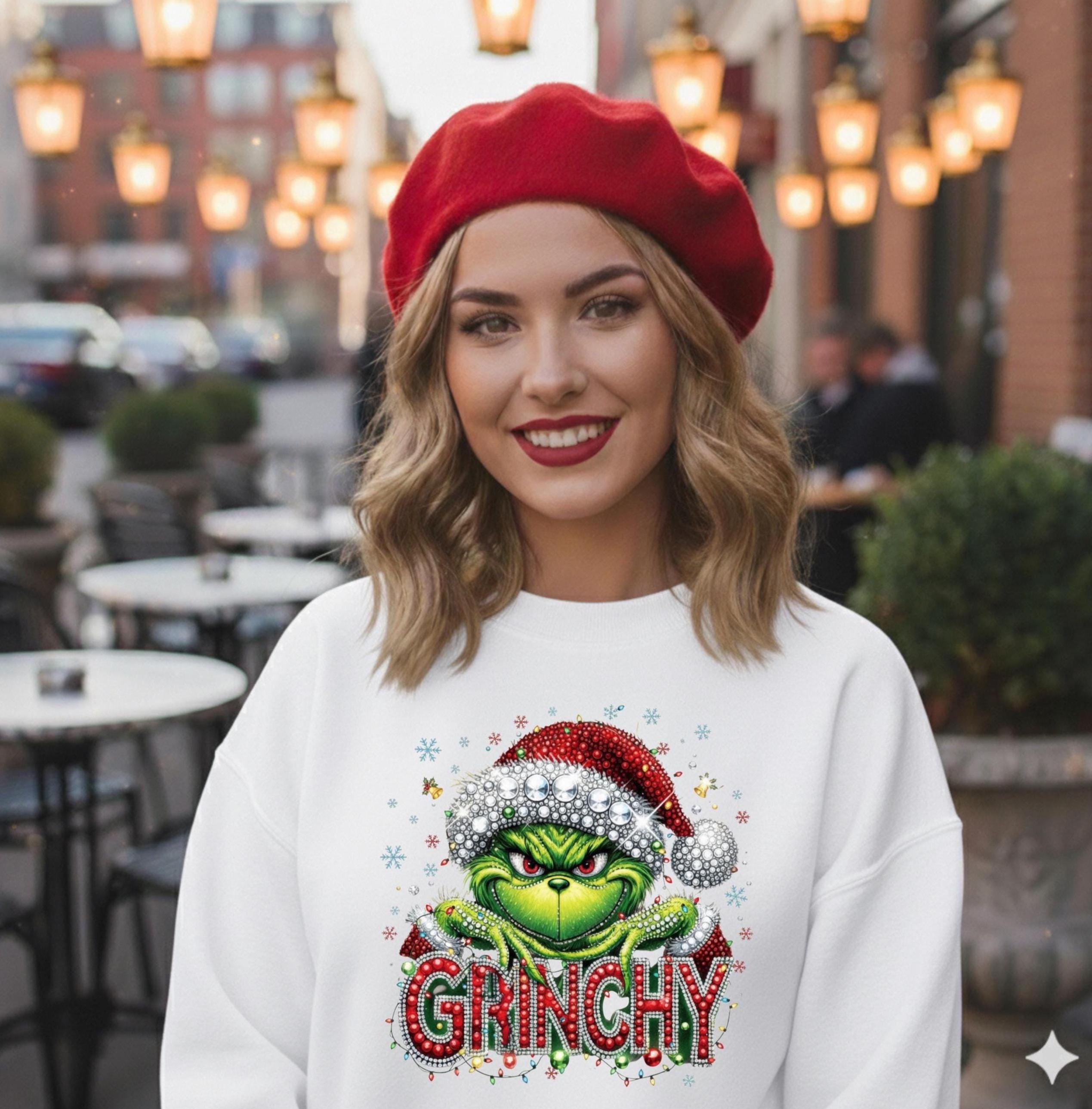 Mean green guy   faux rhinestone print crewneck sweatshirt