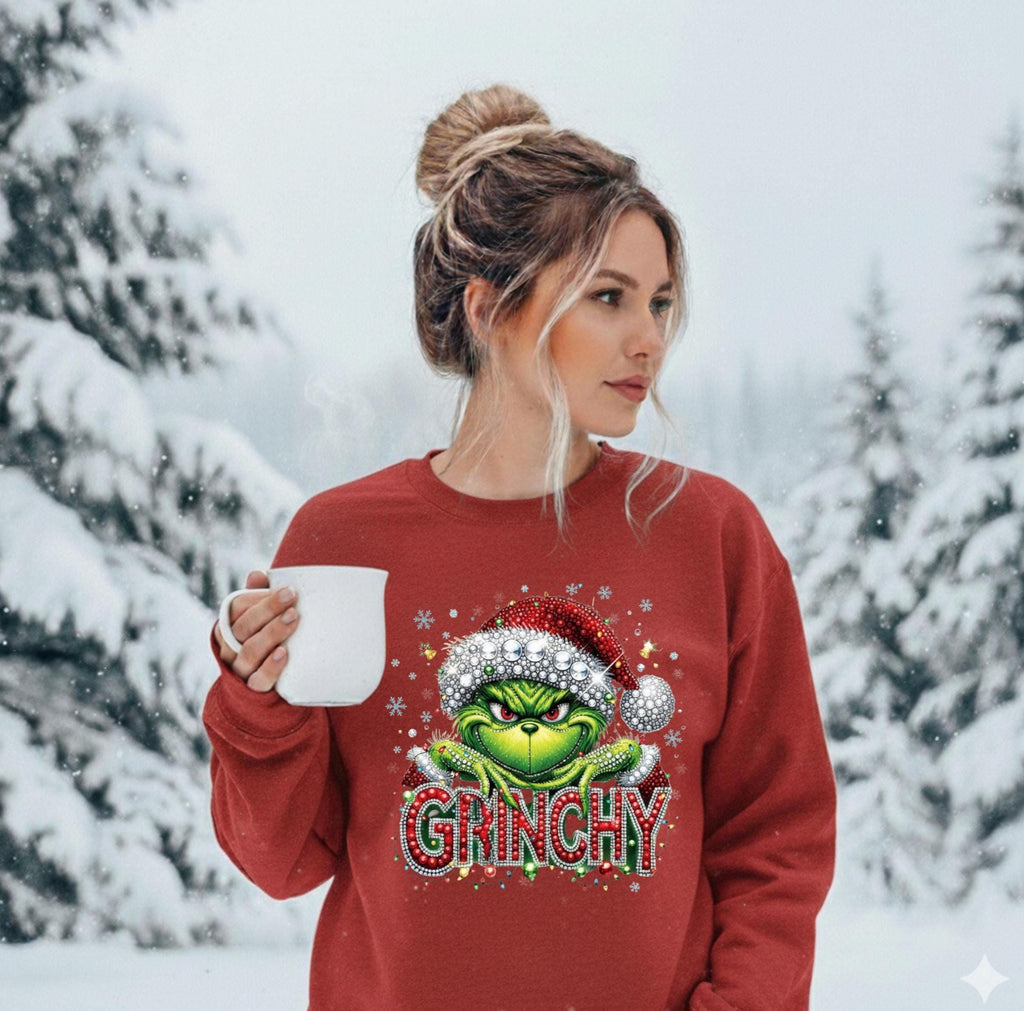 Mean green guy   faux rhinestone print crewneck sweatshirt