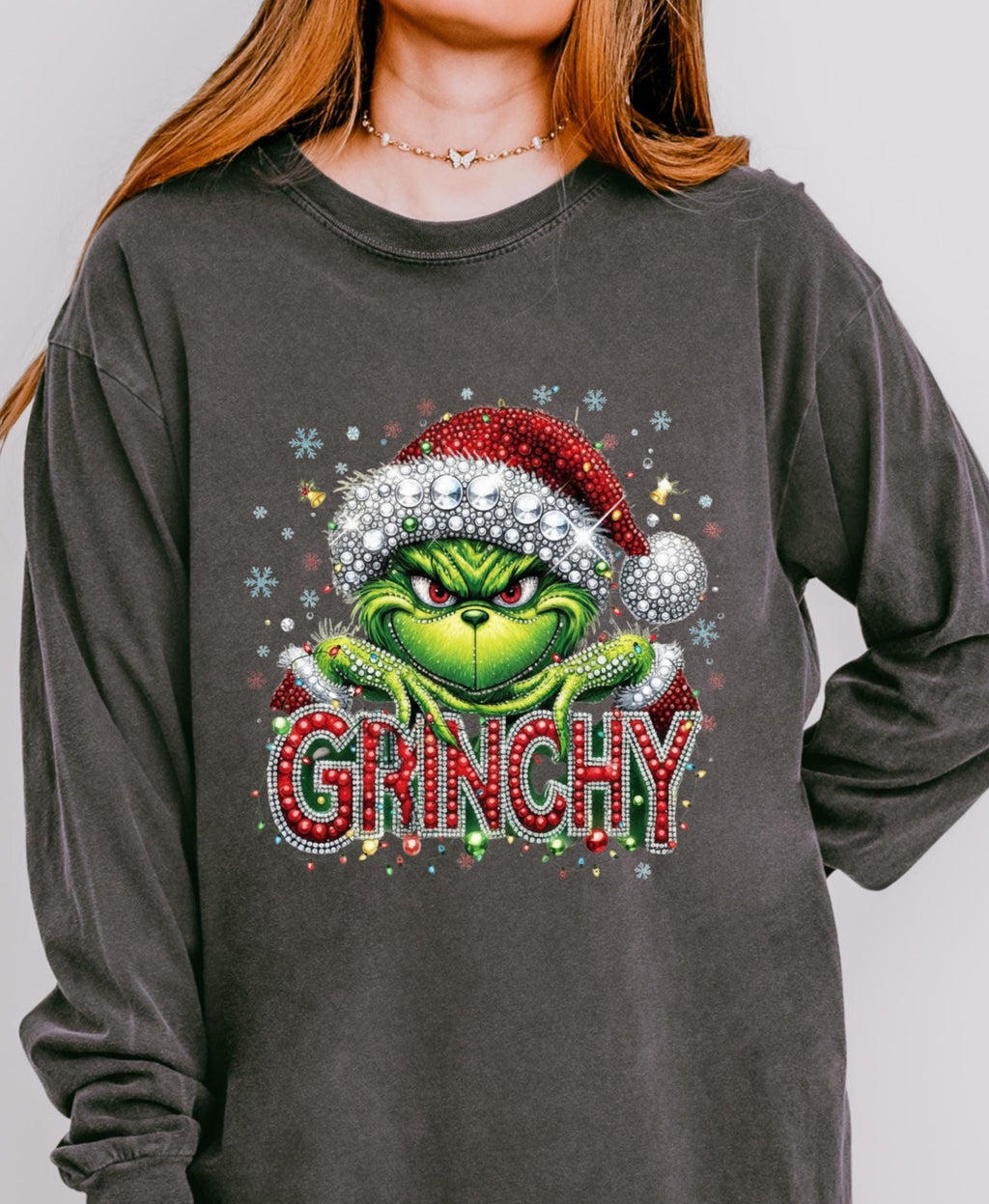 Mean green guy   faux rhinestone print crewneck sweatshirt