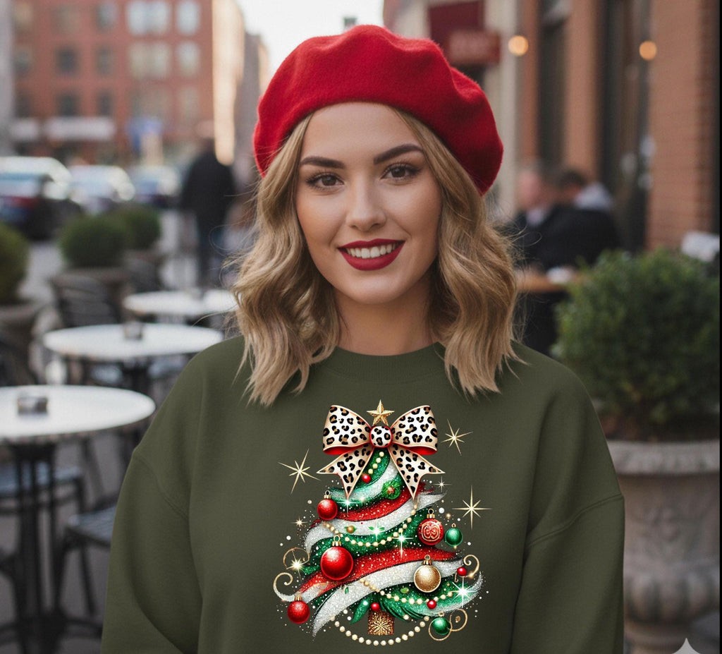 Christmas Tree Sweatshirt, Leopard Bow & Glitter  Holiday Crewneck