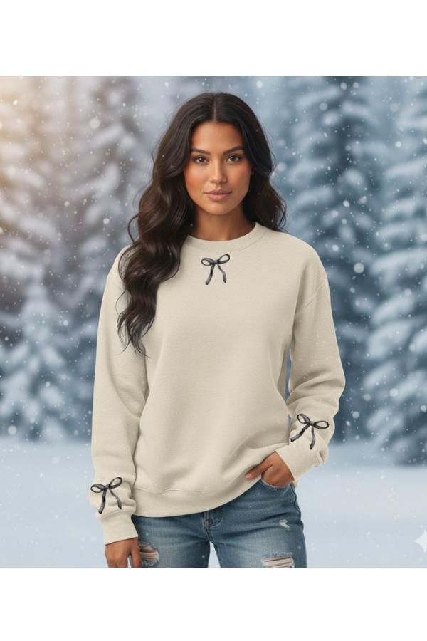 Dark gray coquette bow crewneck sweatshirt with sleeve detail.