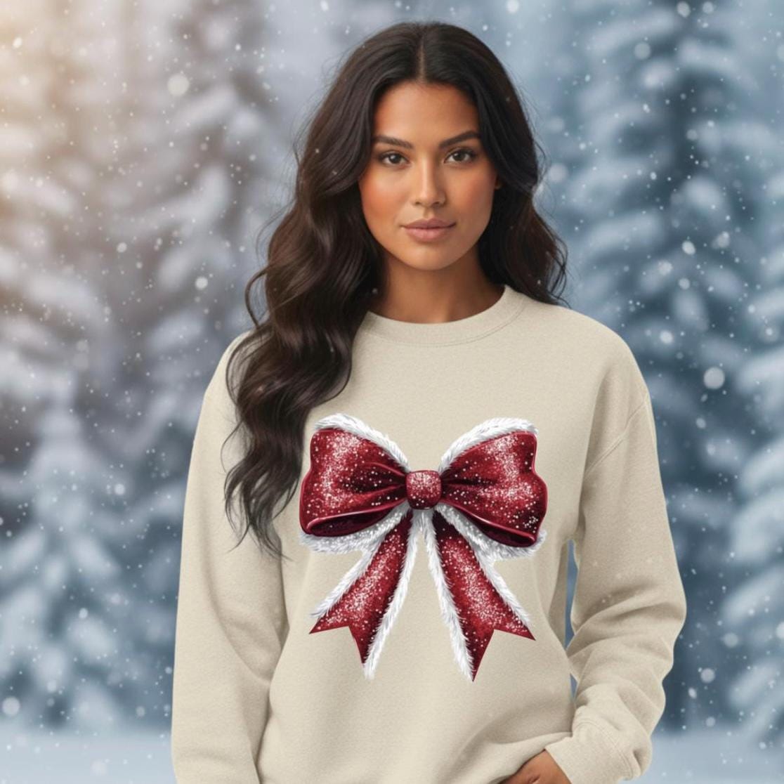 Santa Bow Crewneck Sweatshirt, Red Bow Shirt