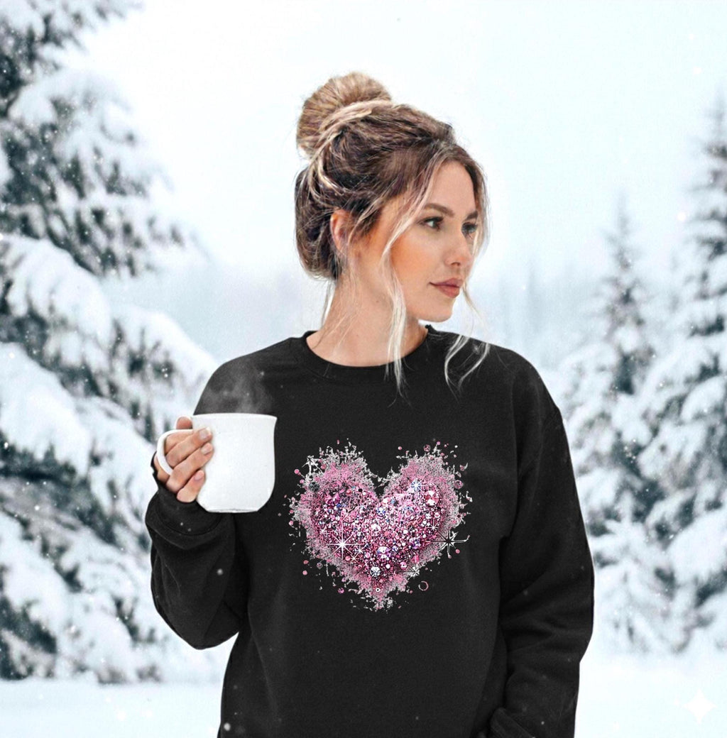 Valentine's Day dazzling pink heart crewneck sweatshirt with FAUX  rhinestones, sequins and glitter