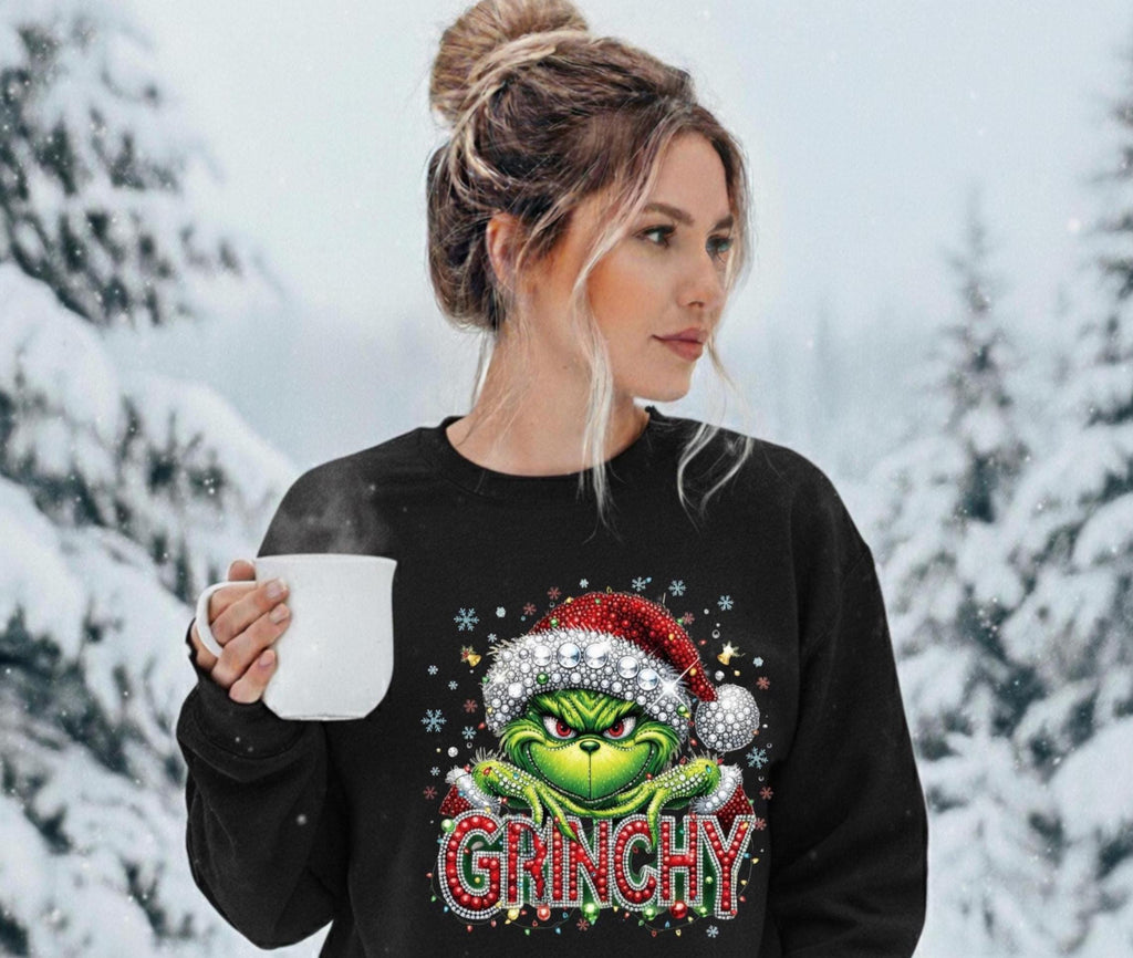 Mean green guy   faux rhinestone print crewneck sweatshirt
