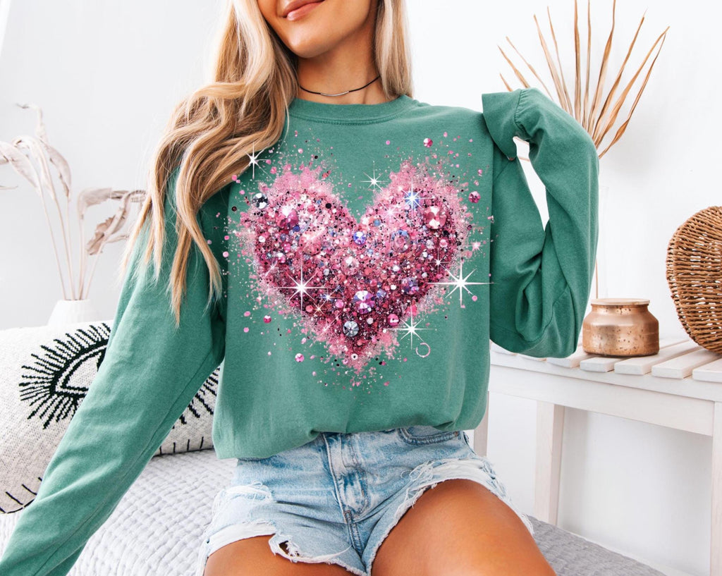 Pink Valentine's Day Shirt: Glitter Heart Long Sleeve