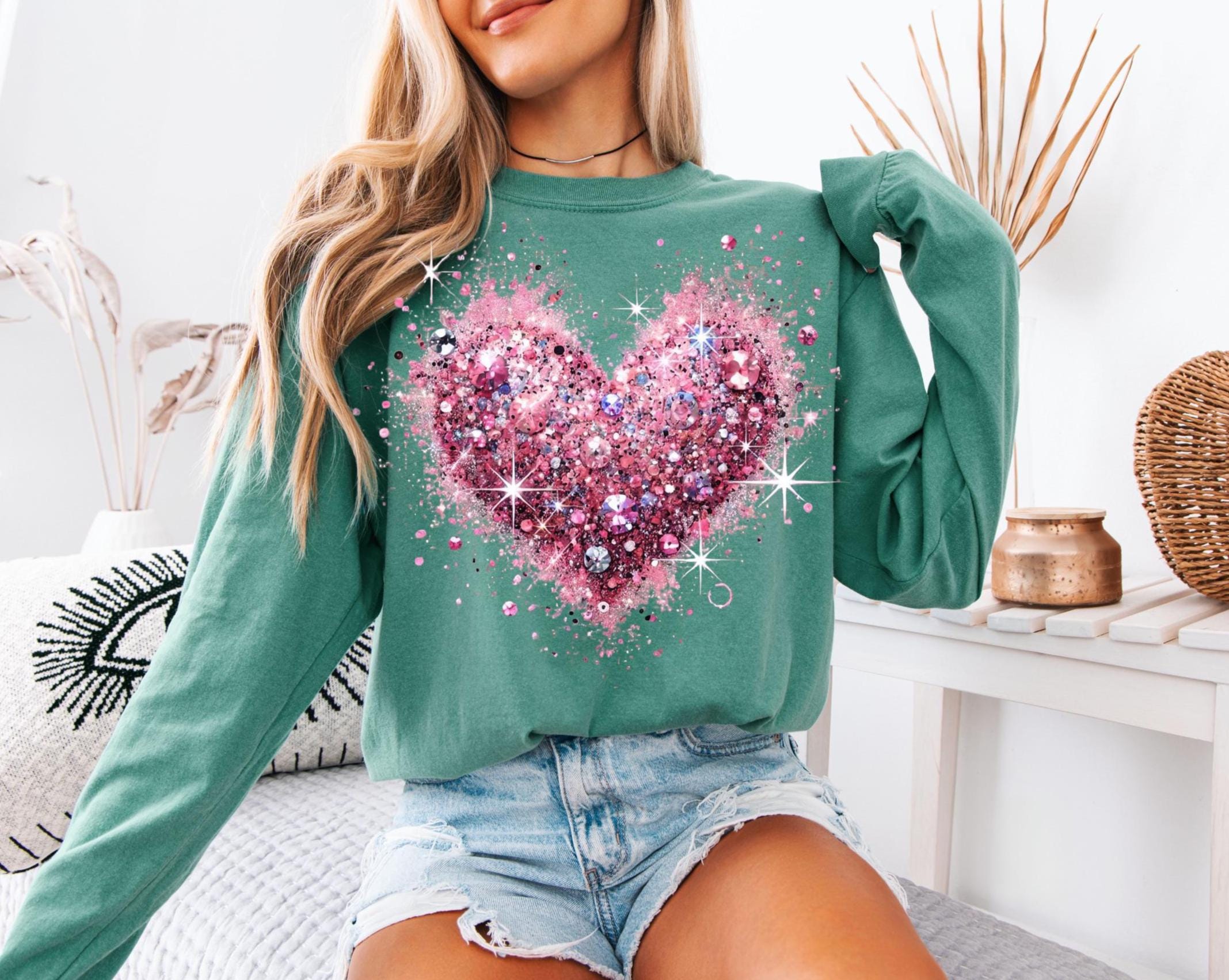 Pink Valentine's Day Shirt: Glitter Heart Long Sleeve