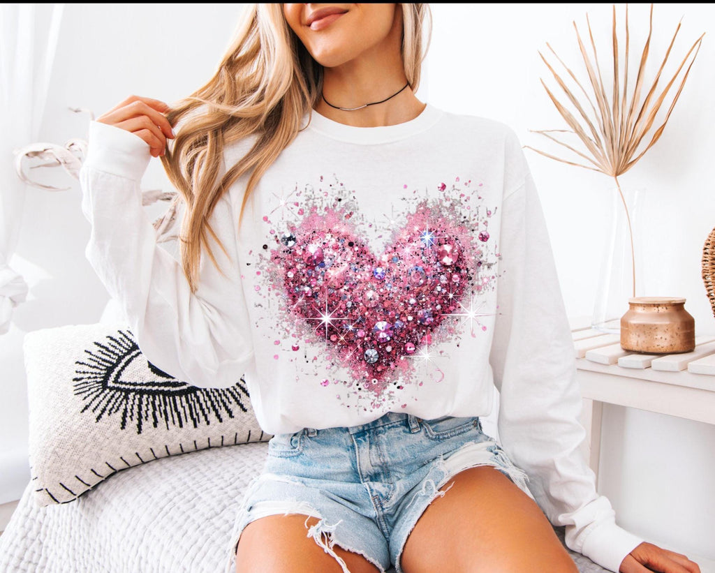 Pink Valentine's Day Shirt: Glitter Heart Long Sleeve