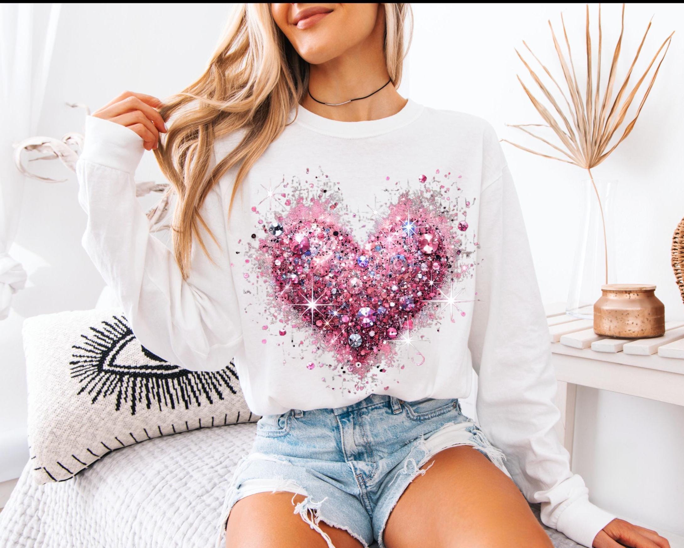 Pink Valentine's Day Shirt: Glitter Heart Long Sleeve