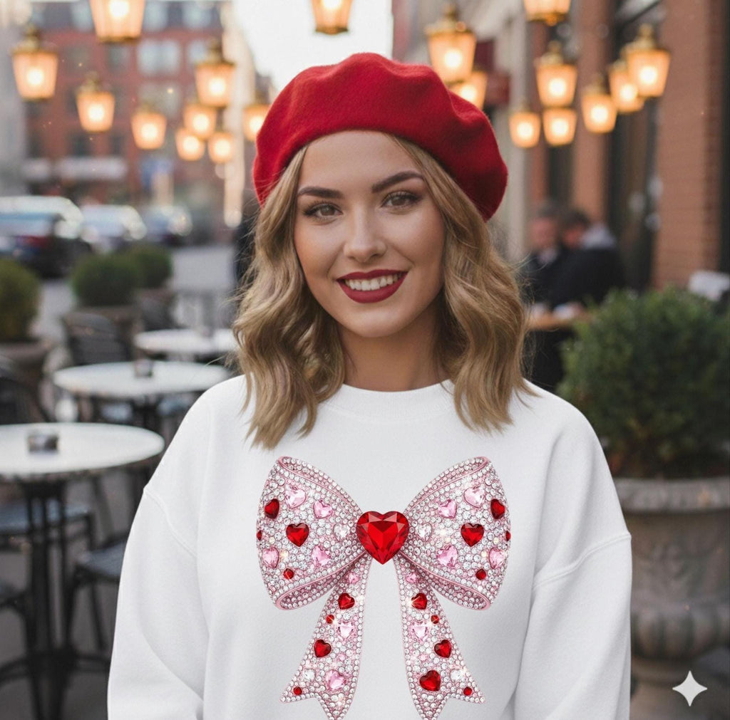 Coquette Bow Sweatshirt, FAUX rhinestone Heart Bow Crewneck, Valentine's Day Gift for Her