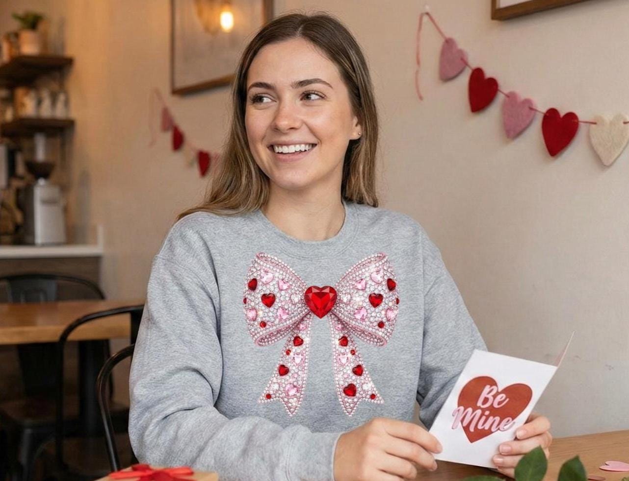 Coquette Bow Sweatshirt, FAUX rhinestone Heart Bow Crewneck, Valentine's Day Gift for Her