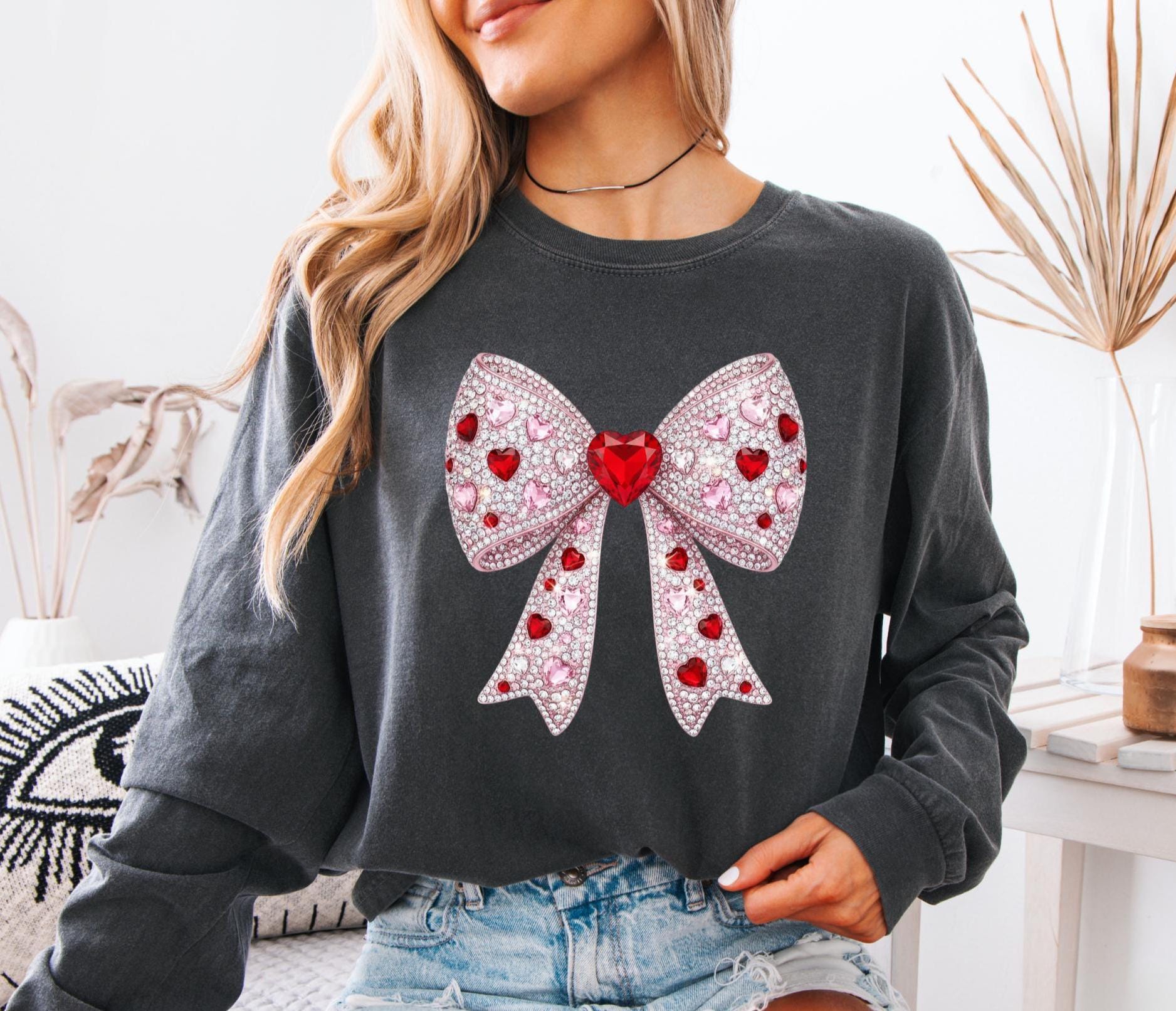 Coquette Heart Bow Long Sleeve T-shirt, Faux Rhinestone Valentine's Gift