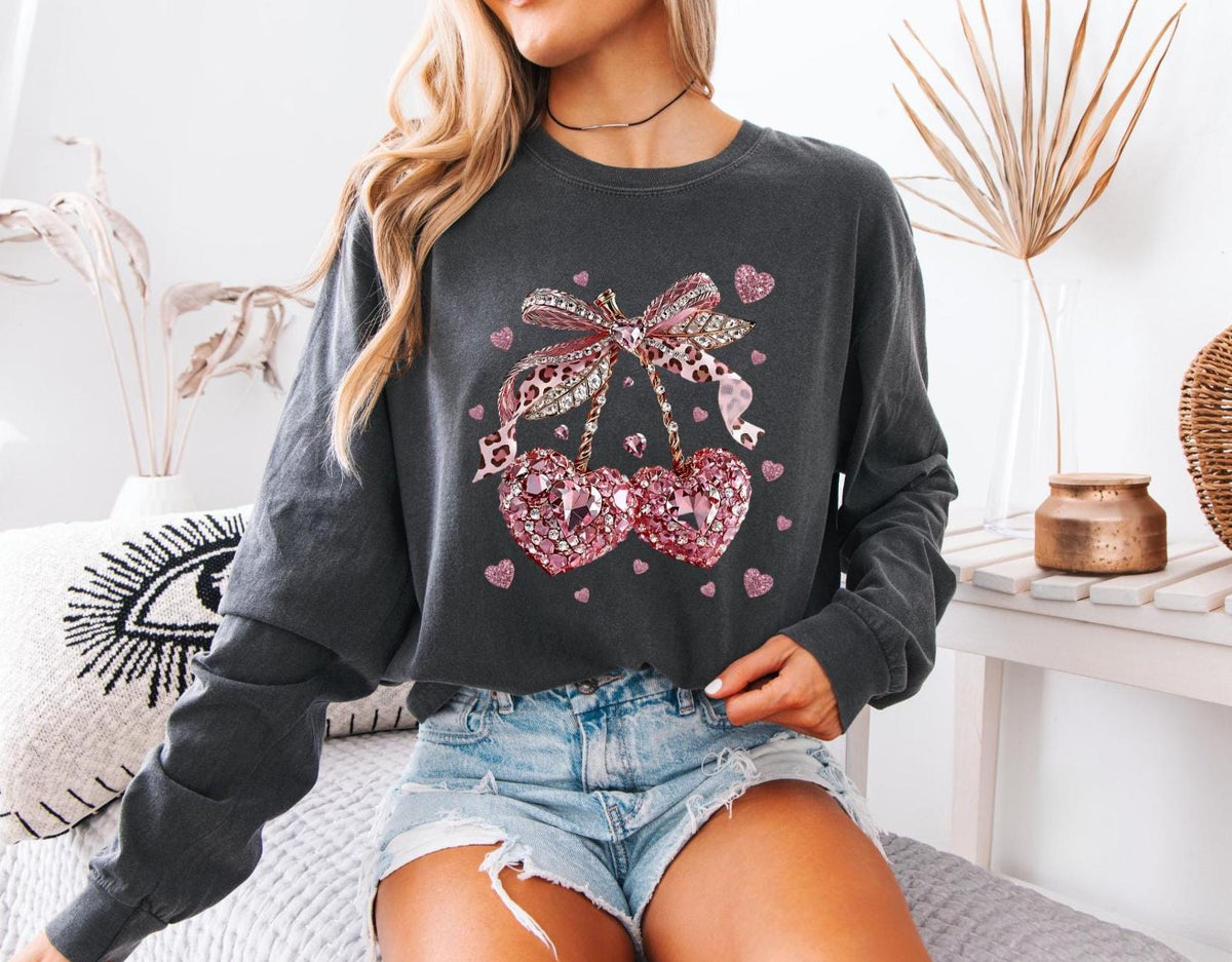 FAUX Gemstone Cherry Hearts Long Sleeve Tshirt, Valentine's Day Gift for Her