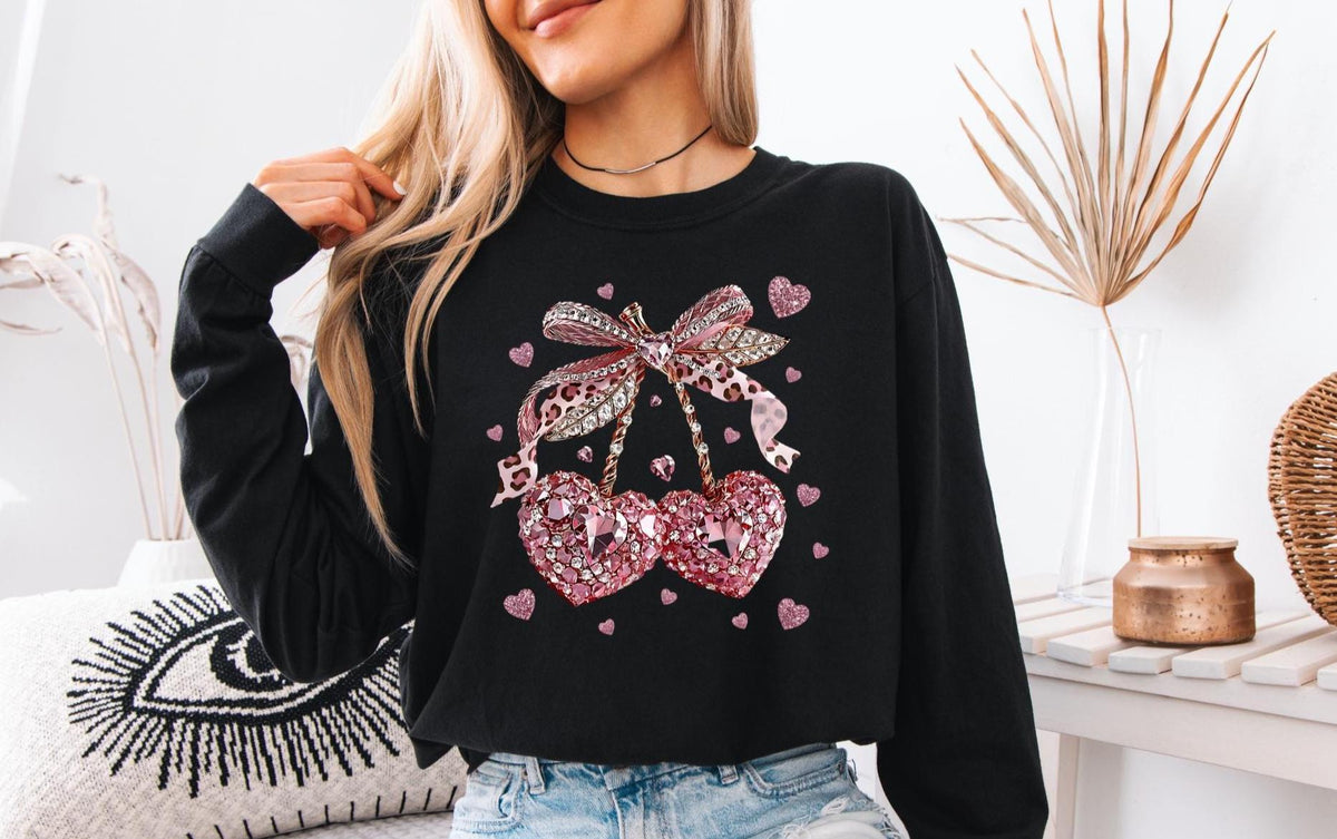 FAUX Gemstone Cherry Hearts Long Sleeve Tshirt, Valentine's Day Gift for Her