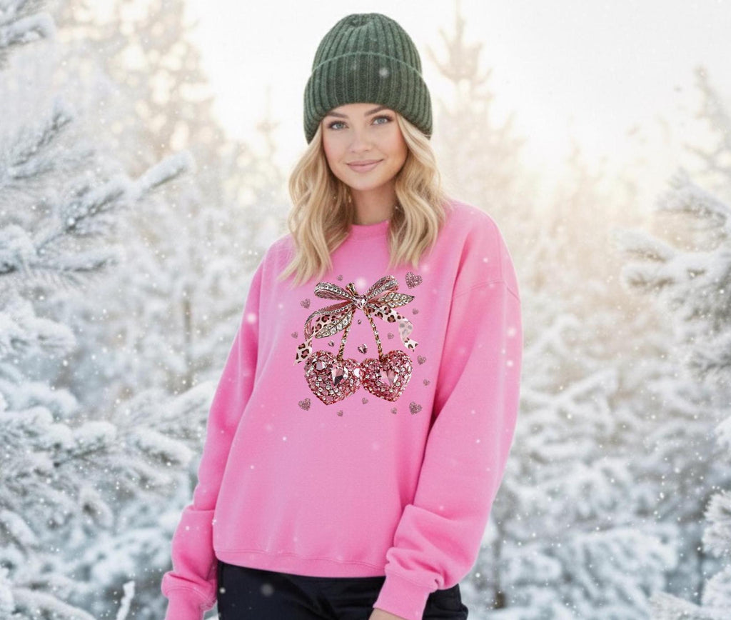 FAUX Gemstone Cherry Hearts Crewneck Sweatshirt, Valentine's Day Gift for Her