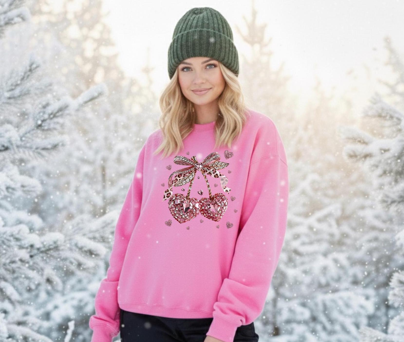 FAUX Gemstone Cherry Hearts Crewneck Sweatshirt, Valentine's Day Gift for Her