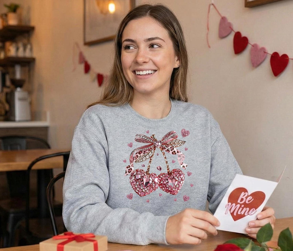 FAUX Gemstone Cherry Hearts Crewneck Sweatshirt, Valentine's Day Gift for Her