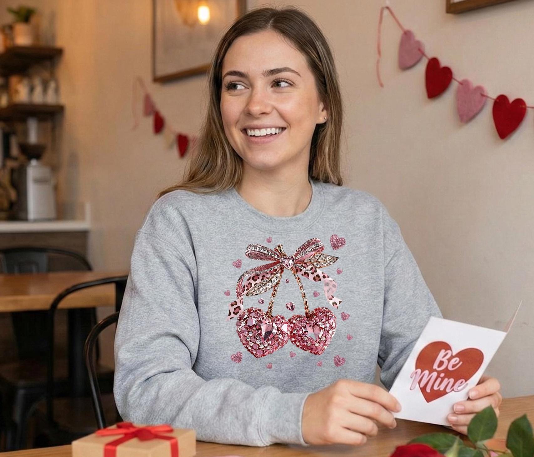 FAUX Gemstone Cherry Hearts Crewneck Sweatshirt, Valentine's Day Gift for Her