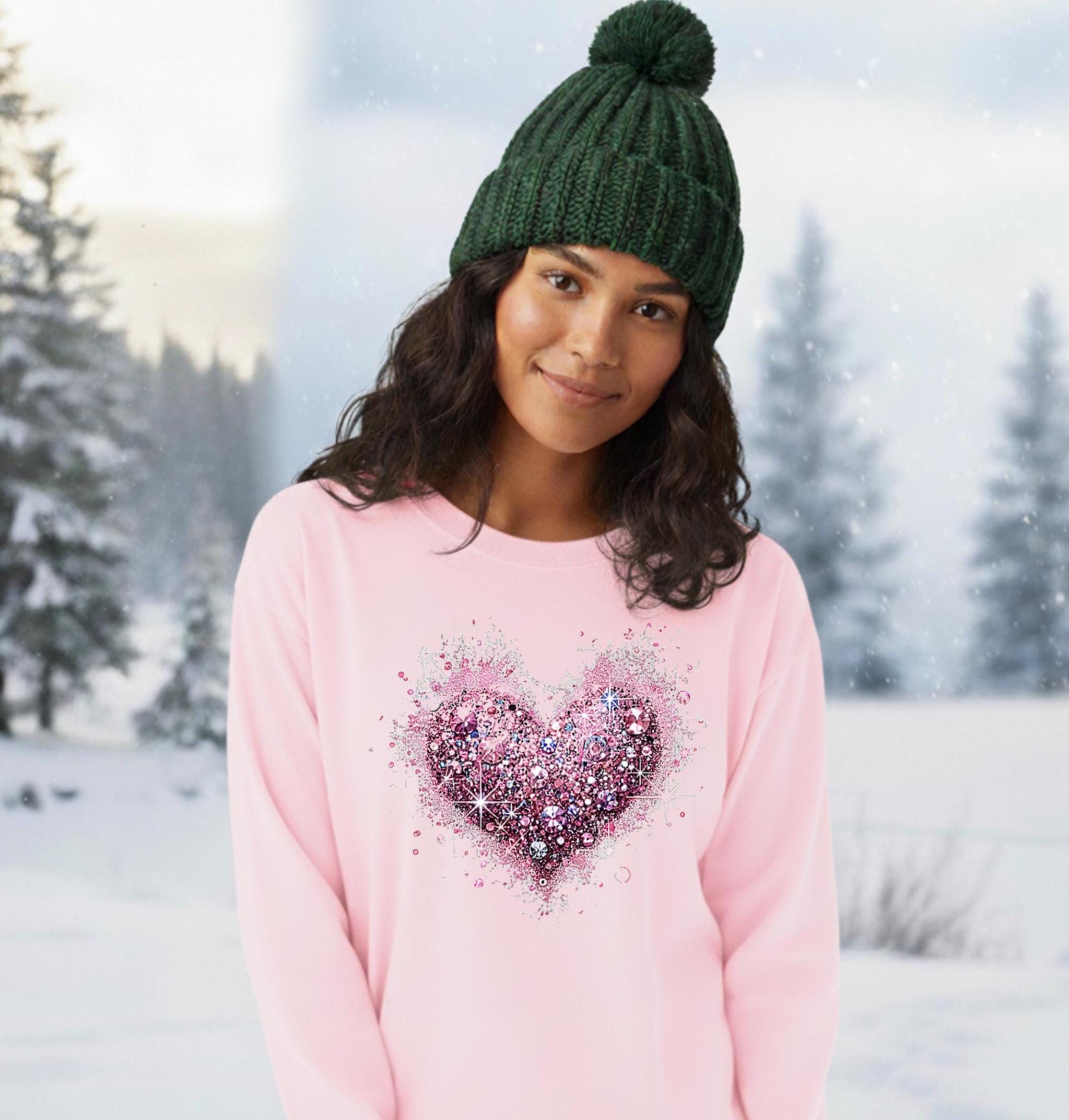 Valentine's Day dazzling pink heart crewneck sweatshirt with FAUX  rhinestones, sequins and glitter